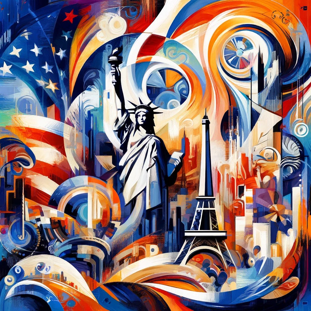 Create an abstract expressionist style painting titled 'EuropAmerica'. Use bold, dynamic brushstrokes and vibrant colors to represent the fusion of America and Europe. Incorporate symbolic elements such as the Statue of Liberty, the Eiffel Tower, and other iconic landmarks. Blend these symbols with abstract shapes and patterns that convey a sense of unity and cultural exchange. The overall composition should evoke a feeling of harmony and connection between the two continents, with a balanced yet energetic visual flow.
