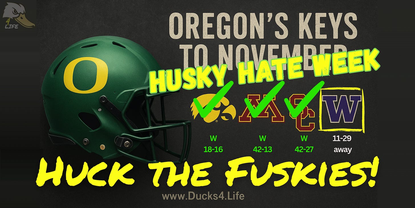 Oregon Football graphic promoting Rivalry Week: Green Oregon helmet on the left, bold text reading “Oregon’s Keys to November,” and opponent logos for Iowa, Minnesota, USC, and Washington with green check marks over the first three wins and Washington highlighted for the upcoming game. Bright neon text across the center says “Husky Hate Week,” and large yellow lettering at the bottom reads “Huck The Fuskies!” Deals on seats, fan gear and premium Oregon Football coverage at www.Ducks4.Life 