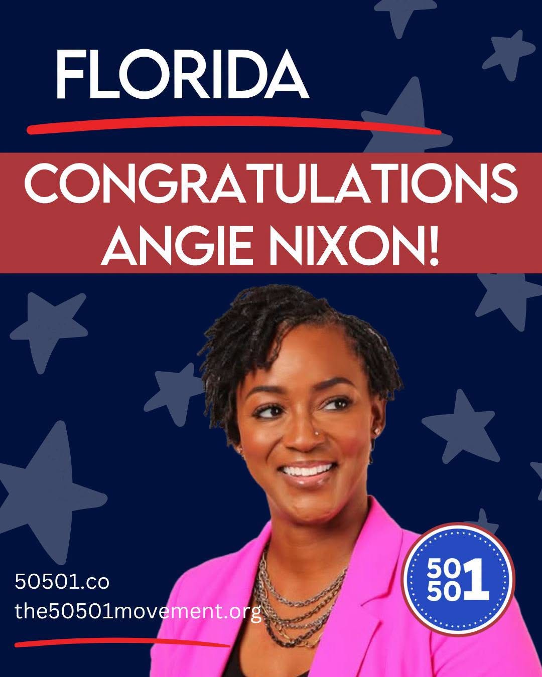 May be an image of text that says 'FLORIDA CONGRATULATIONS ANGIE Ν! 50501.co the50501movement.org 401 50 50' May be an image of text that says 'FLORIDA CONGRATULATIONS ANGIE Ν! 50501.co the50501movement.org 401 50 50'