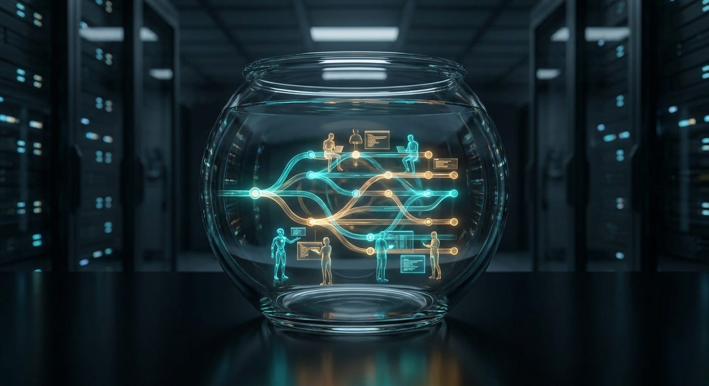Conceptual cover: a transparent glass fishbowl holding a glowing git branch-and-merge graph in teal and amber, with human and AI-agent figures working visibly inside, representing transparent git-native fishbowl AI development