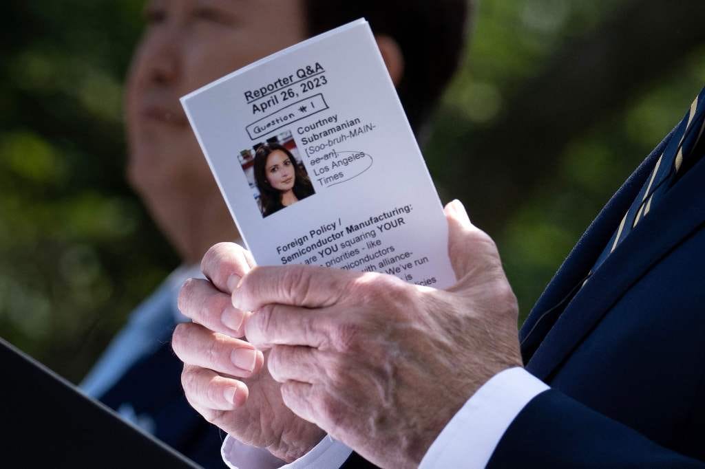 A photographer captured images of a cheat card held by President Biden during a Wednesday press conference. A photographer captured images of a cheat card held by President Biden during a Wednesday press conference.