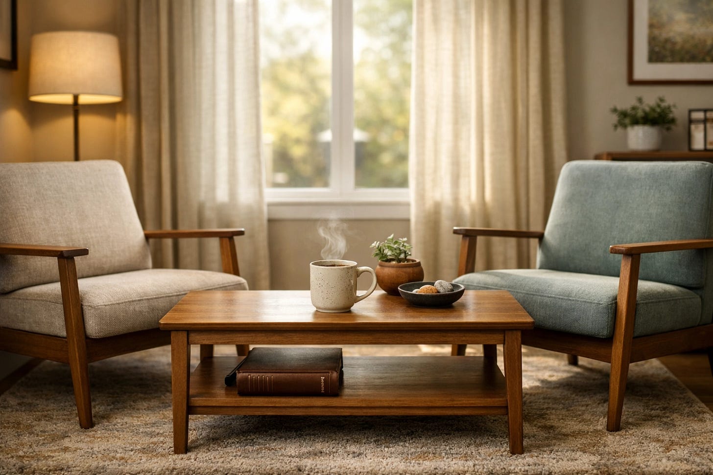 An inviting Christian counseling office with armchairs and a Bible, representing a safe space for faith-based therapy.