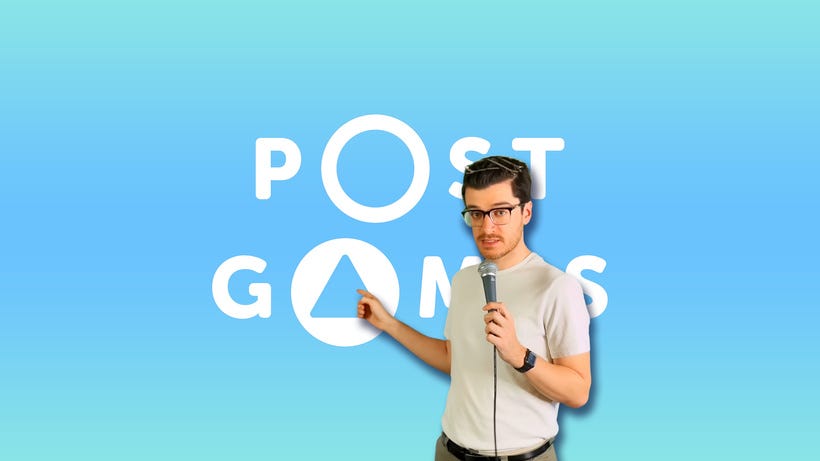 The YouTuber AnyAustin points apathetically at the Post Games logo