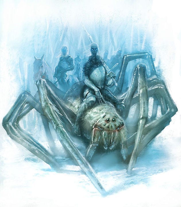 Ice warrior with glowing eyes rides giant spider in snowy forest. Others on horseback follow. Blue tones create an eerie, mystical mood. Ice warrior with glowing eyes rides giant spider in snowy forest. Others on horseback follow. Blue tones create an eerie, mystical mood.