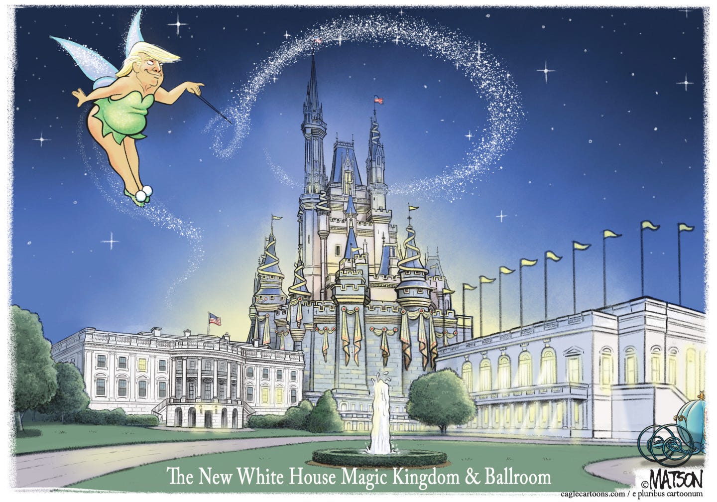 This political cartoon is titled &amp;ldquo;The New White House Magic Kingdom &amp;amp; Ballroom.&amp;rdquo; It is a Walt-Disney style drawing of the White House that has been reimagined to look like the Magic Kingdom of Disney World, including a giant ballroom on the right side of the image and a castle towering over the rest. Instead of Tinker Bell, Donald Trump flies over the scene dressed in a women&amp;rsquo;s outfit spreading magic dust from his wand.