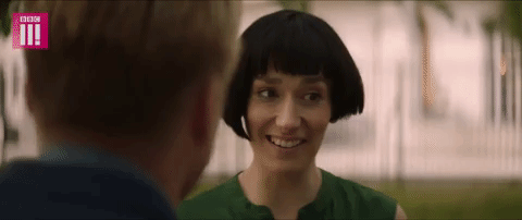 Claire from Fleabag with an extremely short asymmetrical haircut.