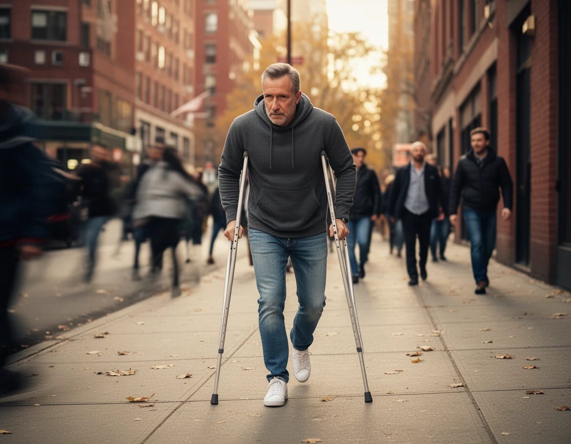 Man getting around on crutches Man getting around on crutches