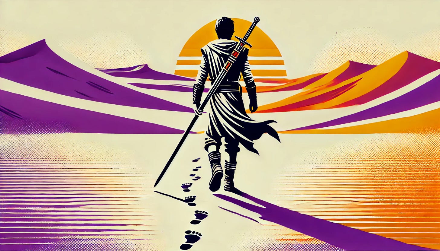A pop art style illustration depicting the back view of a swordsman walking through a desert. The color palette is restricted to bright purple, bright orange, black, and white, with a white background. The design features a lone warrior with a sword strapped to their back, footprints trailing behind in the sand, with the vast desert landscape stretching ahead. The scene is clean and minimal, emphasizing solitude and journey.
