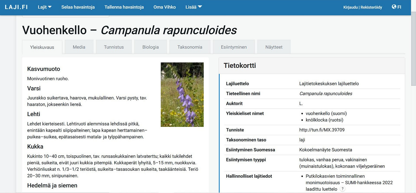 Näyttökaappaus Lajitietokeskuksen sivusta Vuohenkello