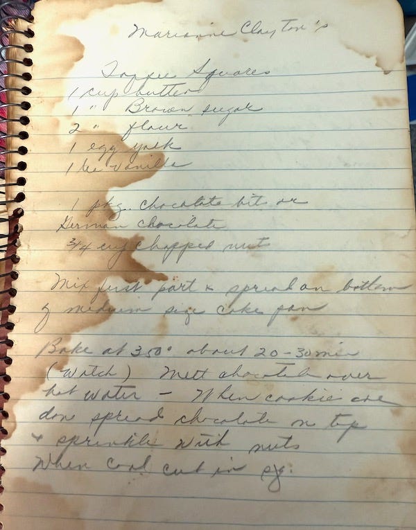 notebook with toffee square recipe