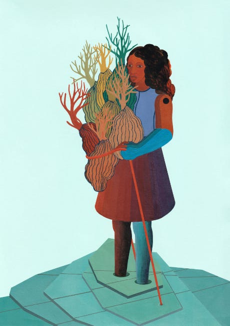 Peinture représentant une jeune femme noire aux bras chargés de fruits et légumes Peinture représentant une jeune femme noire aux bras chargés de fruits et légumes