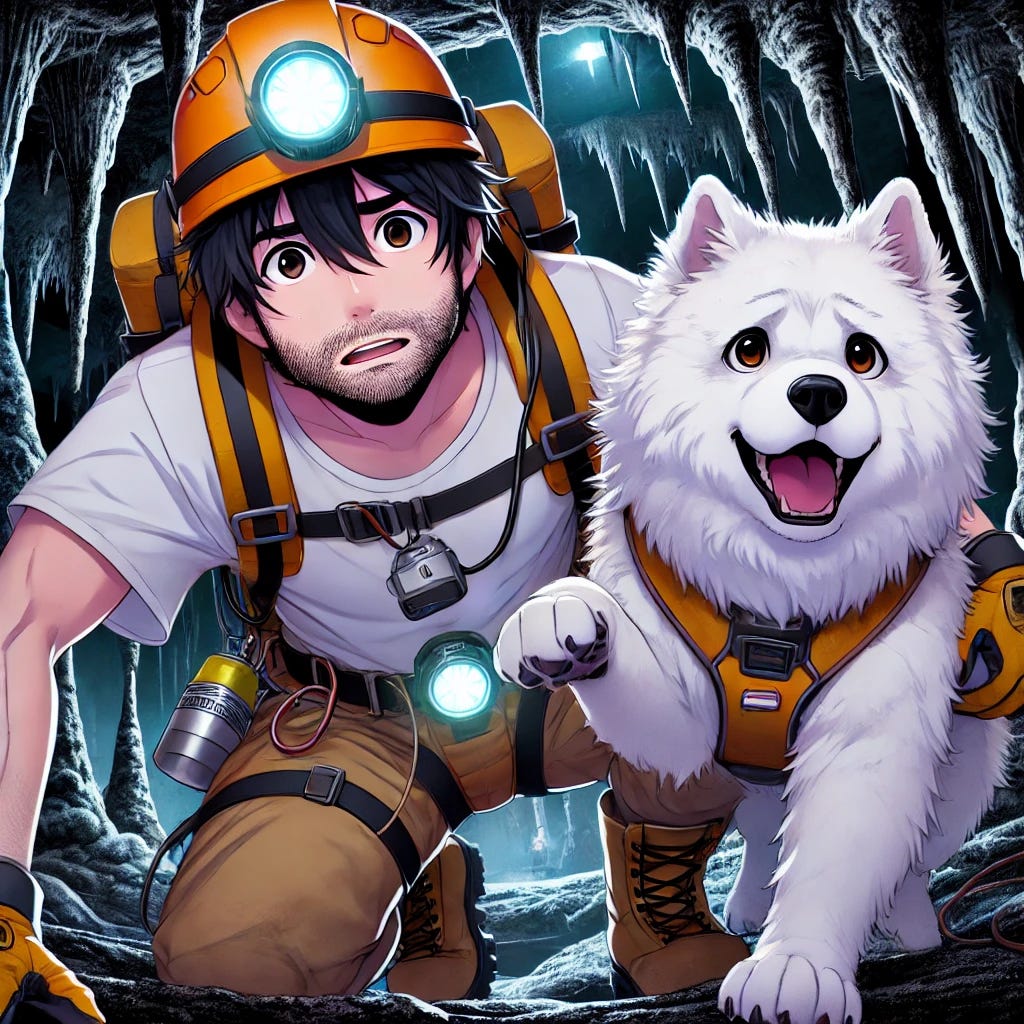 Anime style illustration of a man with dark hair and a beard and a fluffy white Samoyed dog, both looking terrified in spelunking gear. They are inside a spooky cave with ominous shadows and eerie stalactites. The man wears a safety helmet with a bright headlamp, gloves, and heavy boots, and the dog is equipped with a reflective harness and a small light. Their expressions are wide-eyed and fearful, adding to the suspenseful atmosphere of their underground adventure.