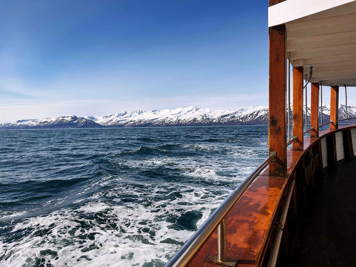 The water and mountain view from a wooden boat in Iceland outside of Husavik.