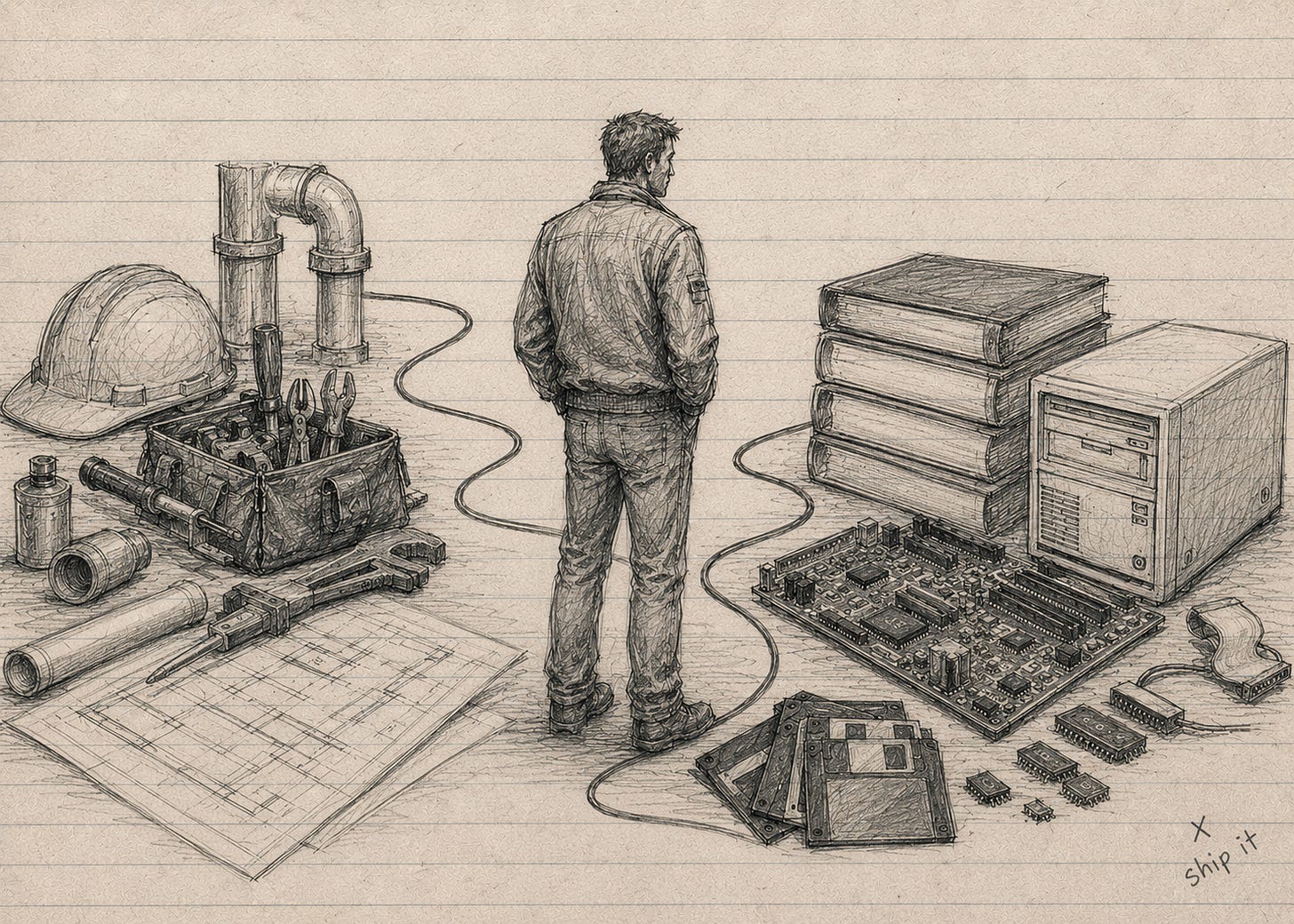 A black-and-white scratchboard-style illustration of a tall man in a worn bomber jacket standing between two worlds. On one side are construction tools, blueprints, electrical equipment, and a hard hat. On the other are computer components, floppy disks, circuit boards, and technical manuals. The figure stands at the center, symbolizing a midlife transition from construction work to a career in technology. Dramatic lighting and deep shadows emphasize reinvention, resourcefulness, and the transfer of hard-earned skills from one profession to another. A black-and-white scratchboard-style illustration of a tall man in a worn bomber jacket standing between two worlds. On one side are construction tools, blueprints, electrical equipment, and a hard hat. On the other are computer components, floppy disks, circuit boards, and technical manuals. The figure stands at the center, symbolizing a midlife transition from construction work to a career in technology. Dramatic lighting and deep shadows emphasize reinvention, resourcefulness, and the transfer of hard-earned skills from one profession to another.