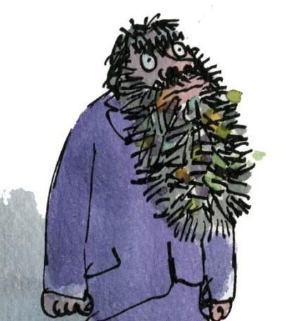 a drawing of a man with a bush in his mouth, wearing a purple shirt