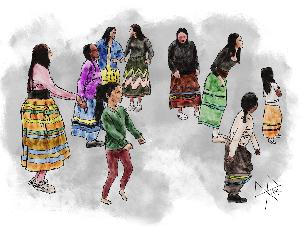 A group of indigenous girls and women at a round dance, with most wearing ribbon skirts. Ribbon skirts are traditionally worn for ceremonial practices, but they can also be worn as everyday wear. Sketch art by Don Rice. A group of indigenous girls and women at a round dance, with most wearing ribbon skirts. Ribbon skirts are traditionally worn for ceremonial practices, but they can also be worn as everyday wear. Sketch art by Don Rice.