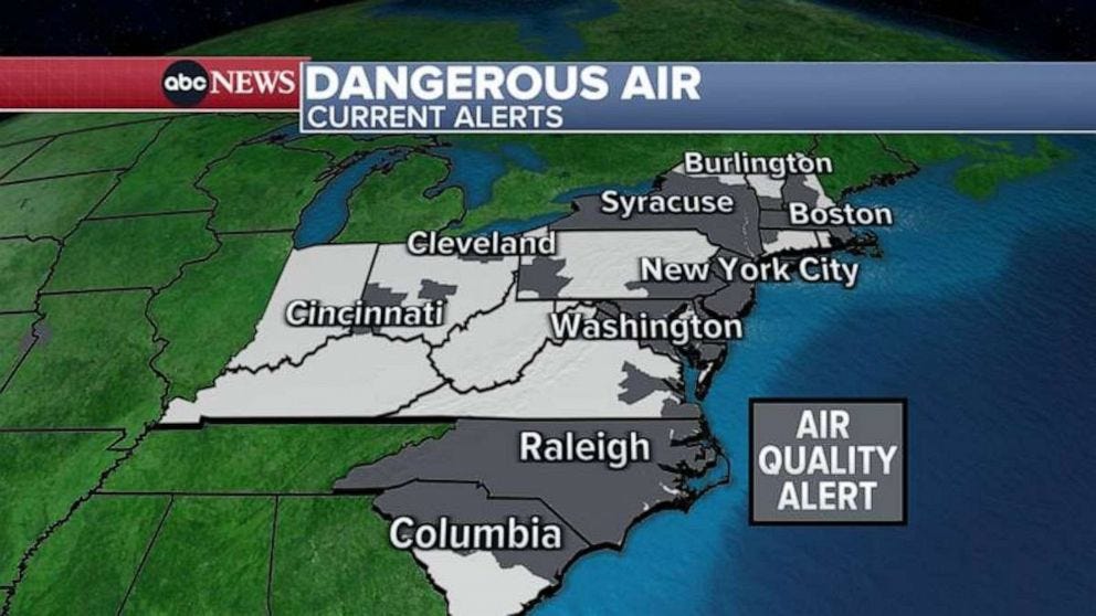 Canadian wildfire smoke live updates: Air quality alerts issued for 13  states | Watch Live News on ABCNL