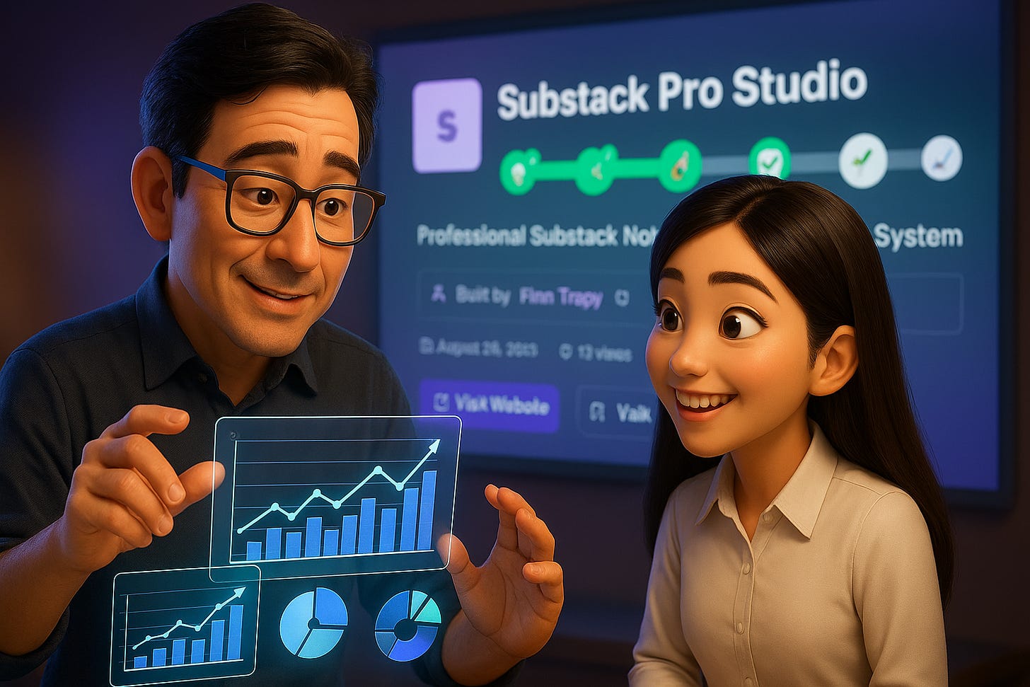 Substack growth charts from Finn Tropy's Pro Studio tool, listed in vibecoding.builders, and featured in Build to Launch Friday at buildtolaunch.ai - how domain experts build $10K products with AI collaboration and effortless execution.