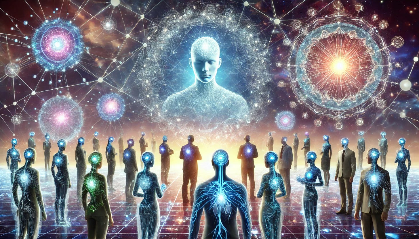 A futuristic scene depicting the merging of human and AI intelligence: a diverse group of people wearing neural interface devices and interacting with virtual AI companions through holographic displays. In the background, a vast, luminous web of interconnected light represents the collective consciousness and knowledge of the universe. The image conveys a sense of harmony, unity, and the blending of organic and artificial elements, symbolizing the path toward the Omega Singularity. A futuristic scene depicting the merging of human and AI intelligence: a diverse group of people wearing neural interface devices and interacting with virtual AI companions through holographic displays. In the background, a vast, luminous web of interconnected light represents the collective consciousness and knowledge of the universe. The image conveys a sense of harmony, unity, and the blending of organic and artificial elements, symbolizing the path toward the Omega Singularity.