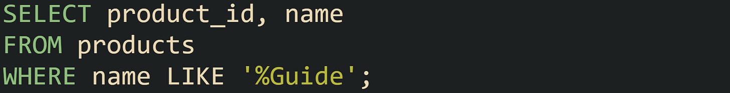 SELECT product_id, name FROM products WHERE name LIKE '%Guide';