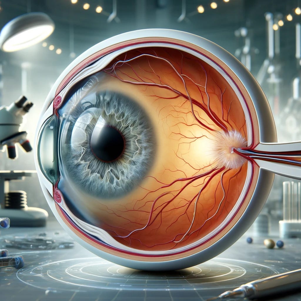 A detailed and professional illustration showing a close-up view of the human eye affected by wet age-related macular degeneration (AMD), with abnormal blood vessels under the retina. The scene should depict a medical research environment with lab instruments subtly in the background to suggest innovative treatment research. The illustration should highlight the eye's structure, including retinal layers, and depict a visual representation of angiogenesis (blood vessel growth). The atmosphere should be clean, modern, and scientific, conveying hope and innovation in vision care. Size: 1024x1024