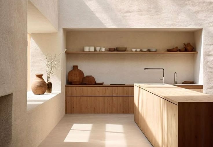 This may contain: the kitchen is clean and ready for us to use in the day or night time