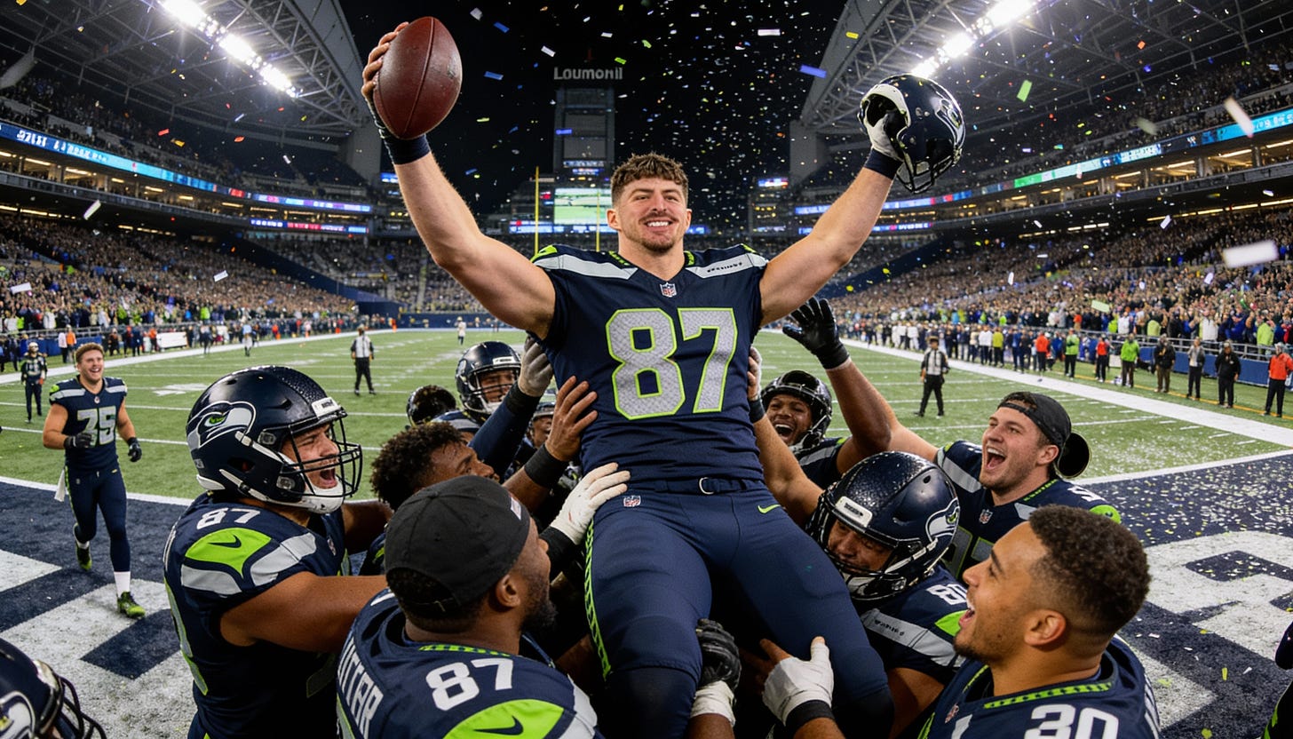 Eric Saubert celebrating game-winning two-point conversion with teammates as Lumen Field crowd erupts in overtime victory over Rams