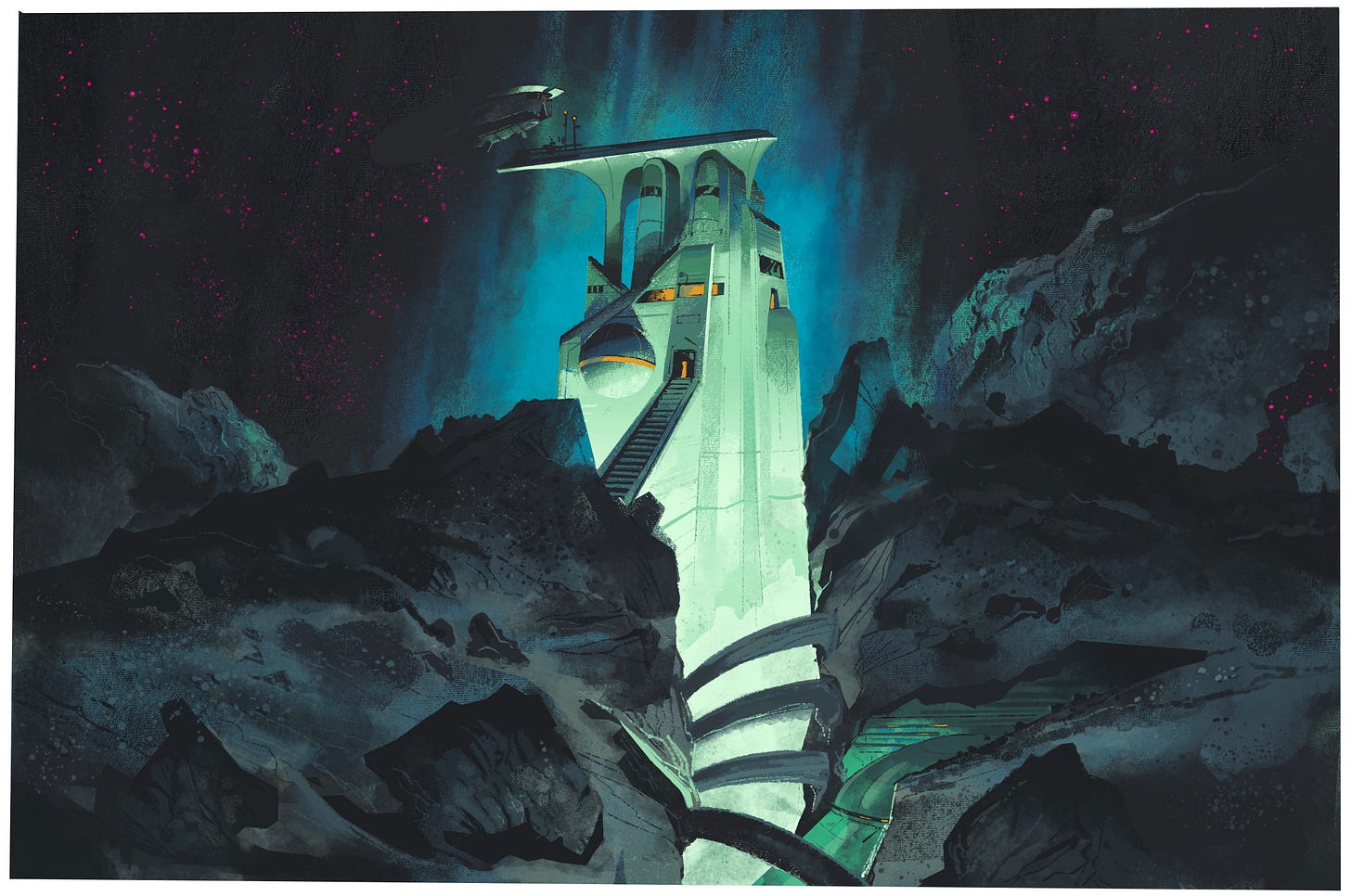 A landscape in space on an asteroid.