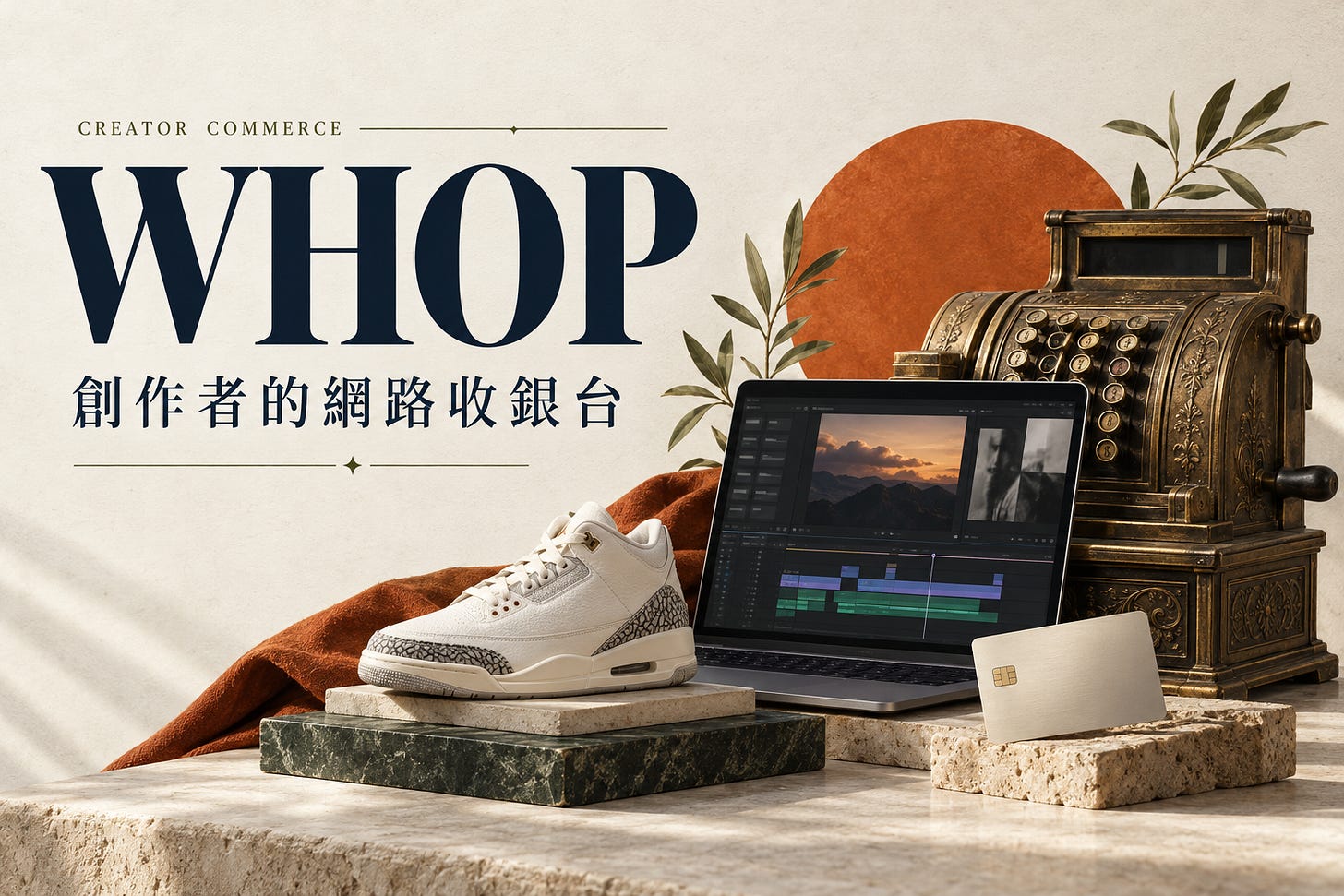 Whop 創作者商業平台：球鞋、收銀台與剪輯工作站的編輯風格首圖