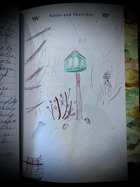 a red bird feeder hanging from a tree, a dog looking out a sliding glass door, a drawing of a green bird feeder