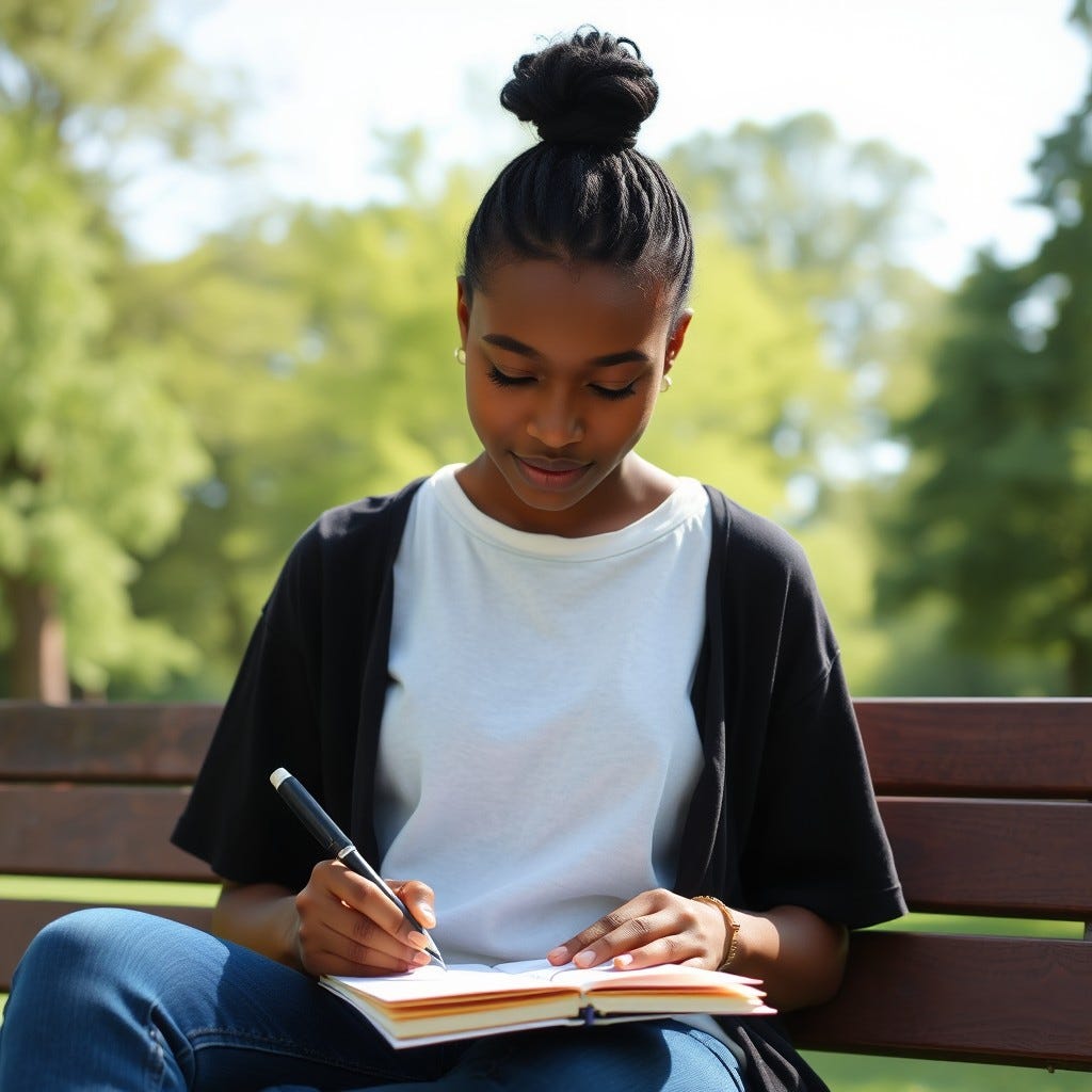 Young, youthful African American Woman wearing a tshirt with all black hair writing a letter in the summertime in the park writing a letter