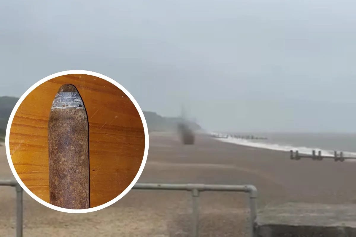 A blurred explosion on a deserted beach in Lowestoft marks the detonation of a suspicious device, with an inset image showing a close-up of the rusty, cylindrical object identified as unexploded ordnance. A blurred explosion on a deserted beach in Lowestoft marks the detonation of a suspicious device, with an inset image showing a close-up of the rusty, cylindrical object identified as unexploded ordnance.