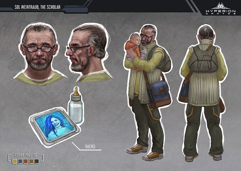 Man holding a baby, wearing glasses and a backpack, with blue bag. A bottle and digital photo labeled “Rachel” are nearby. Text: “Sol Weintraub, The Scholar.” Man holding a baby, wearing glasses and a backpack, with blue bag. A bottle and digital photo labeled “Rachel” are nearby. Text: “Sol Weintraub, The Scholar.”