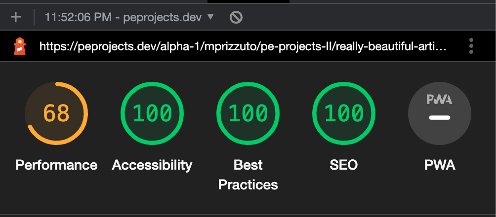 The chrome lighthouse panel showing 100 in all categories except performance