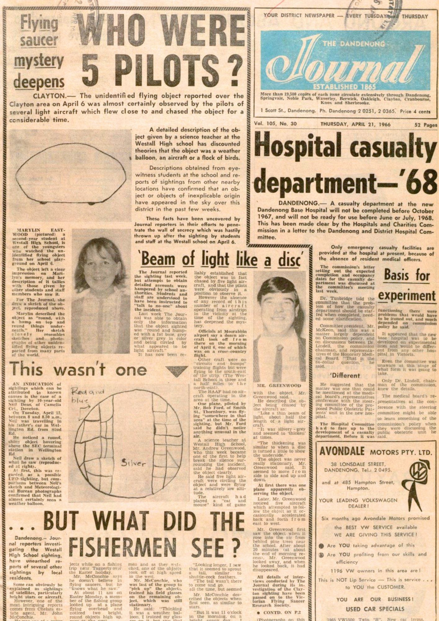 This April 21, 1966 newspaper article included a drawing of the craft by student Marilyn Smith (Eastwood). (Supplied)