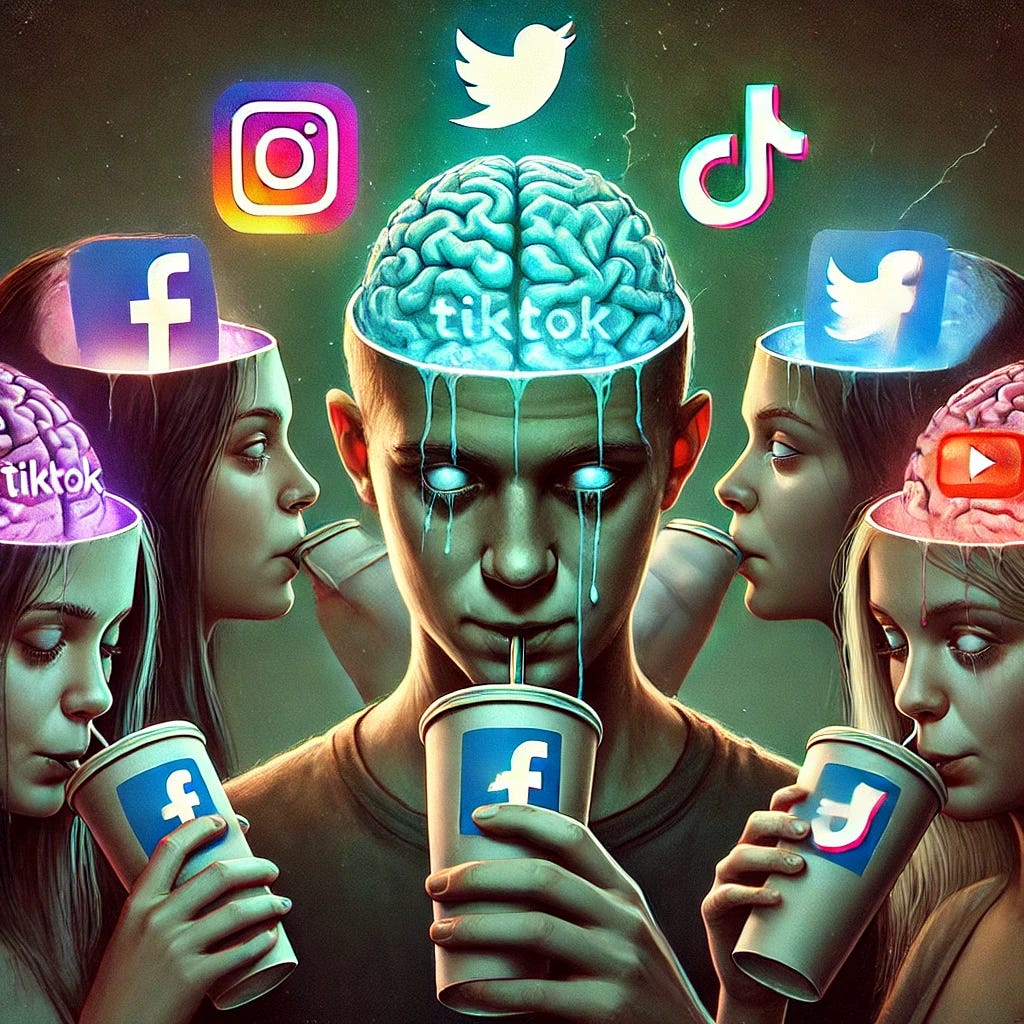 A surreal illustration of young people drinking from cups filled with various social media platform logos (such as Facebook, Instagram, TikTok, Twitter, and YouTube). As they consume the drink, their brains appear to be subtly deteriorating, with cracks and fading effects rather than extreme digital glitches. The scene is more muted and somber, with a dim atmosphere, softer lighting, and a melancholic tone instead of an overly electric or neon aesthetic.