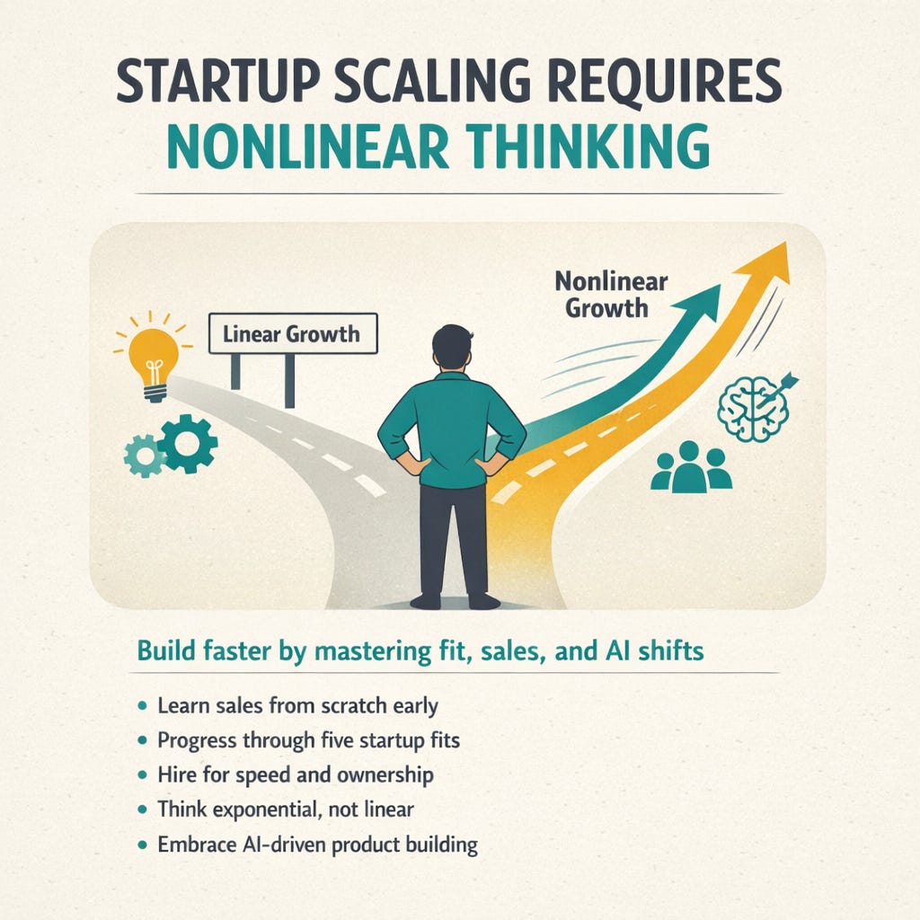 Image showing a startup founder choosing nonlinear growth path with AI, sales, and scaling strategy icons Image showing a startup founder choosing nonlinear growth path with AI, sales, and scaling strategy icons