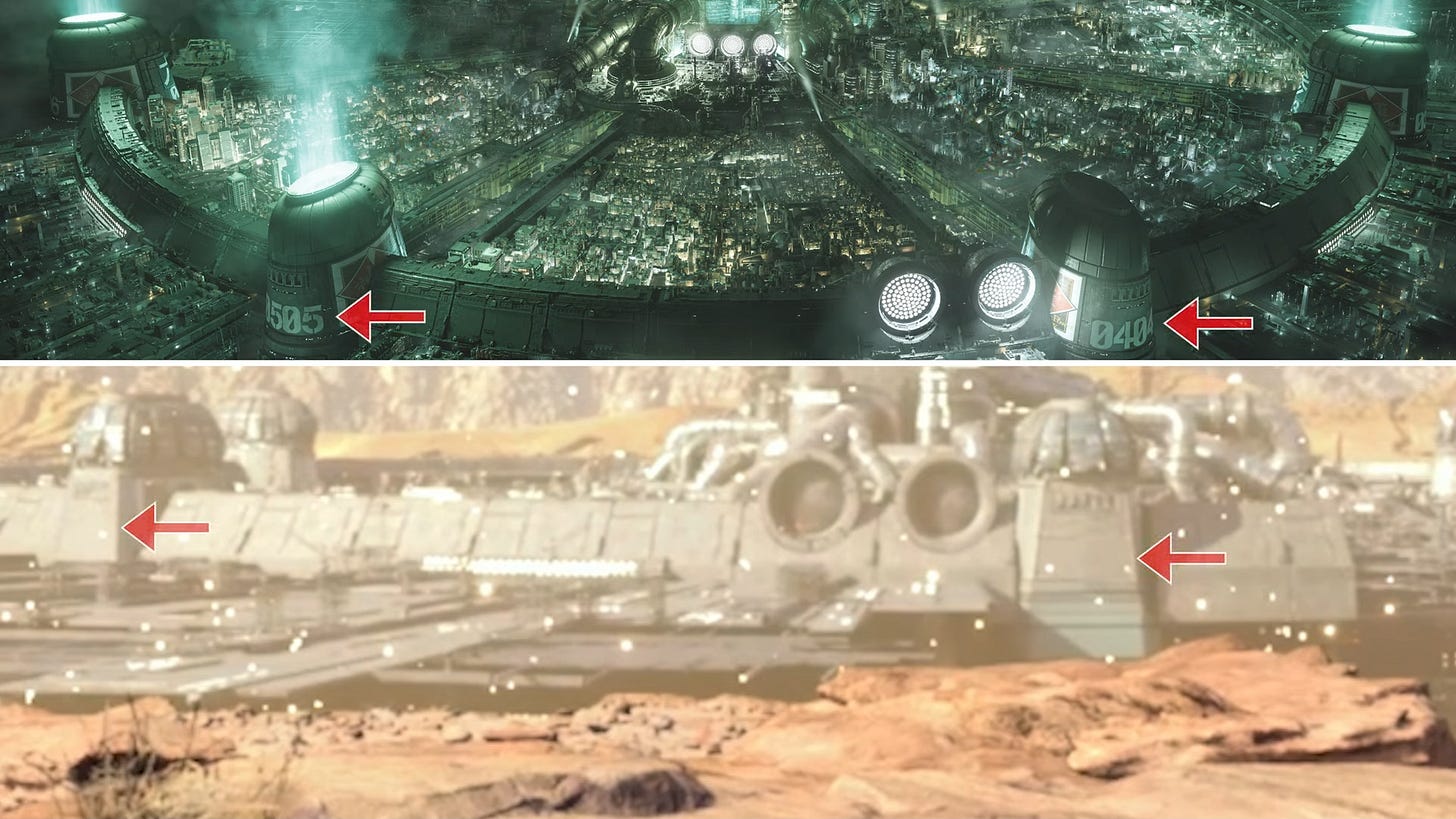 Comparison of the reactor shape between Remake's key art render of Midgar and it's representation in the background of Zack's ending scene in Remake.