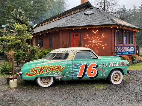 Photos of man throwing snowball, skibowl, picnic basket with soup, snowman, and Skyway restaurant and race car