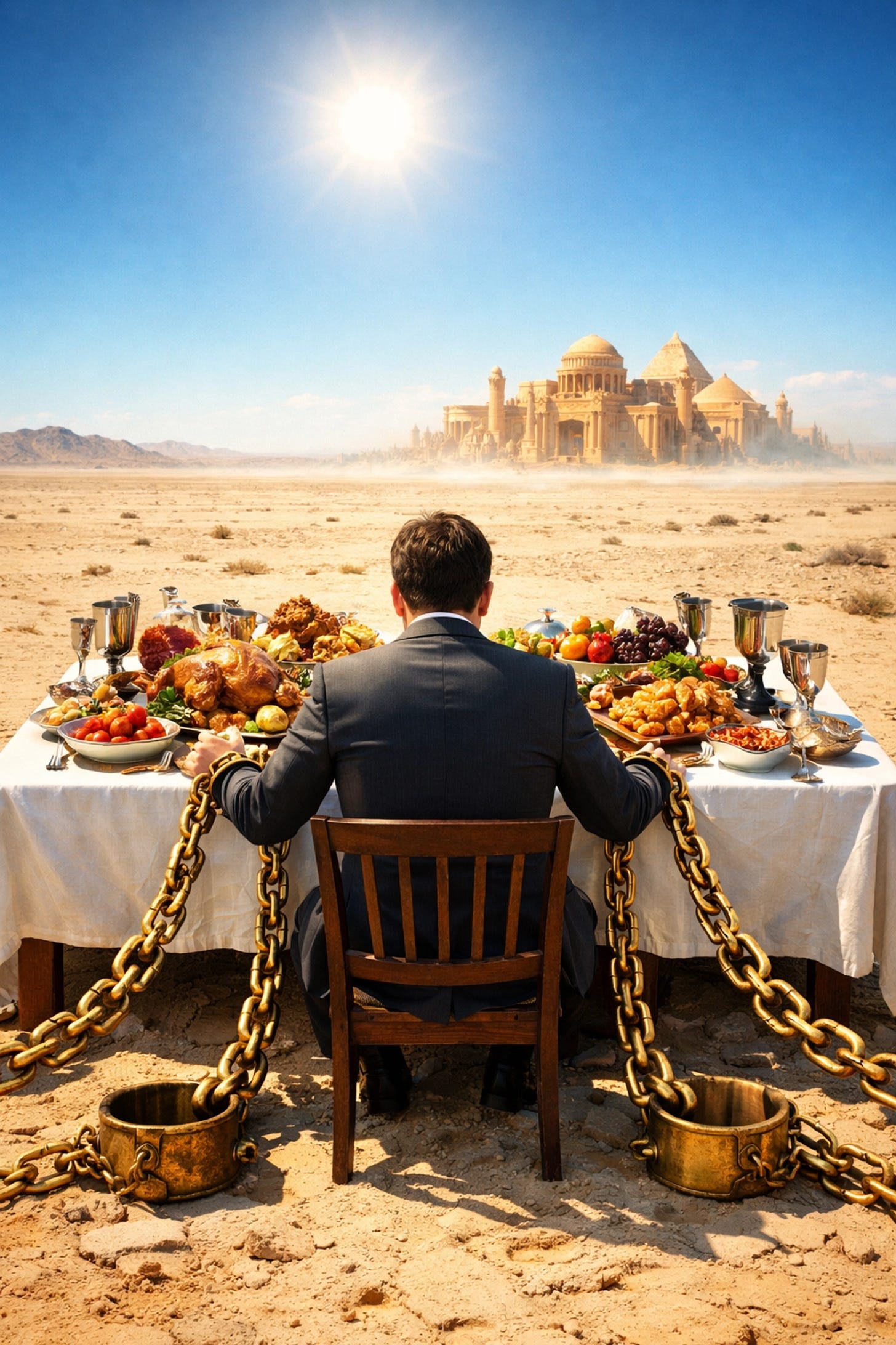 A person at a desert feast bound by golden chains, showing the danger of state dependency over spiritual freedom. A person at a desert feast bound by golden chains, showing the danger of state dependency over spiritual freedom.