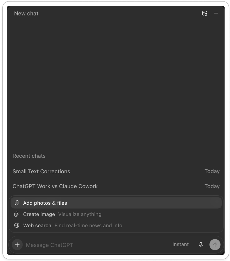 ChatGPT quick chat floating window showing the five available options: add photos and files, create image, web search, model selector, and dictate.