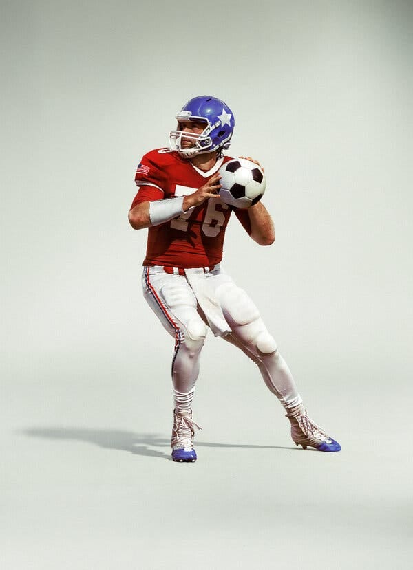 An image of a football player throwing a pass but holding a soccer ball An image of a football player throwing a pass but holding a soccer ball