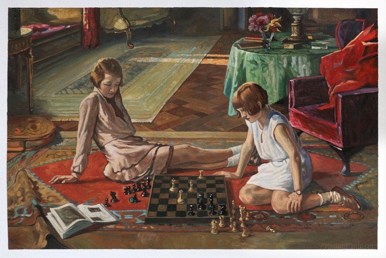 May include: Two people are playing chess on a rug in a sunlit room. The chessboard is in the centre of the image, with chess pieces scattered around it. The people are dressed in 1920s clothing. One person is sitting on the floor, while the other is lying down. The room has a red armchair, a table with a green tablecloth, and a bed in the background. May include: Two people are playing chess on a rug in a sunlit room. The chessboard is in the centre of the image, with chess pieces scattered around it. The people are dressed in 1920s clothing. One person is sitting on the floor, while the other is lying down. The room has a red armchair, a table with a green tablecloth, and a bed in the background.