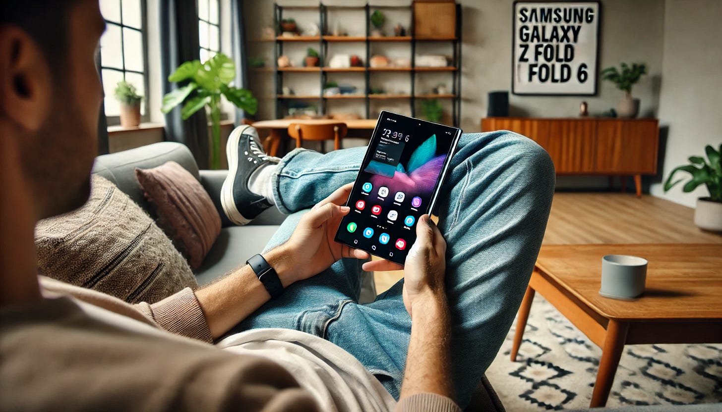 A person sitting comfortably on their couch using a Samsung Galaxy Z Fold 6. The person is casually dressed, and the living room has a modern, cozy design with a coffee table, a plant, and a bookshelf in the background. The Samsung Galaxy Z Fold 6 is unfolded, showing a vibrant display with various apps open. The person appears relaxed and engaged with their device.