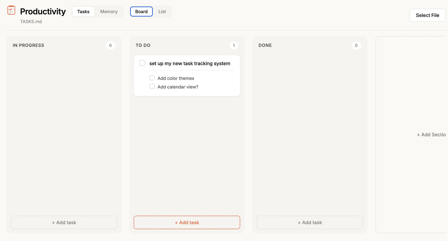 The raw engine of the Productivity plugin: A TASKS.md file where Claude reads and writes your to-do list in real-time. This simple markdown structure allows Claude to triage, update, and sync your work directly on your local machine.