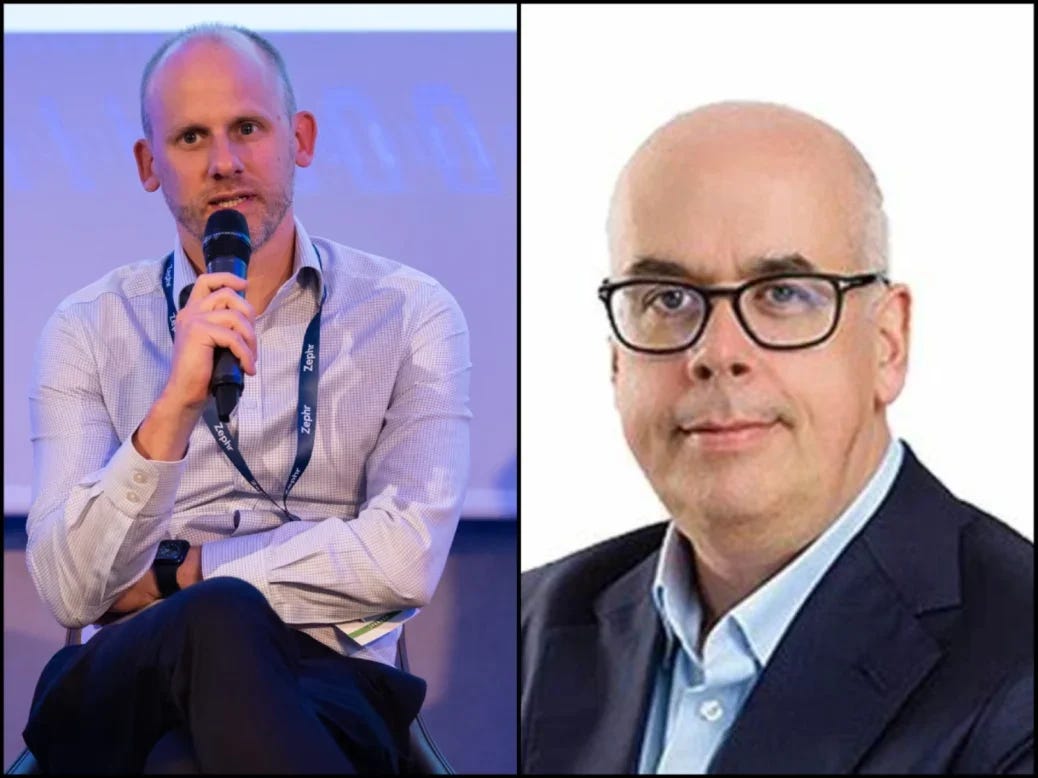 New Reach CEO Piers North and outgoing CEO Jim Mullen. North pictured at Press Gazette's Future of Media Technology Conference in 2022 while it is a headshot with a white background for Mullen.