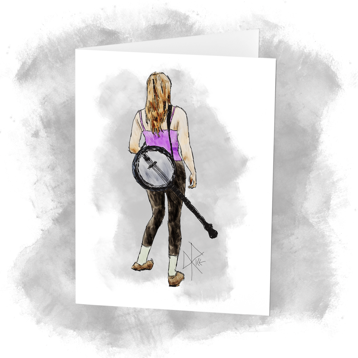 Prepared to perform at a music festival, a woman stands with a banjo casually slung at her back. Sketch art by Don Rice.