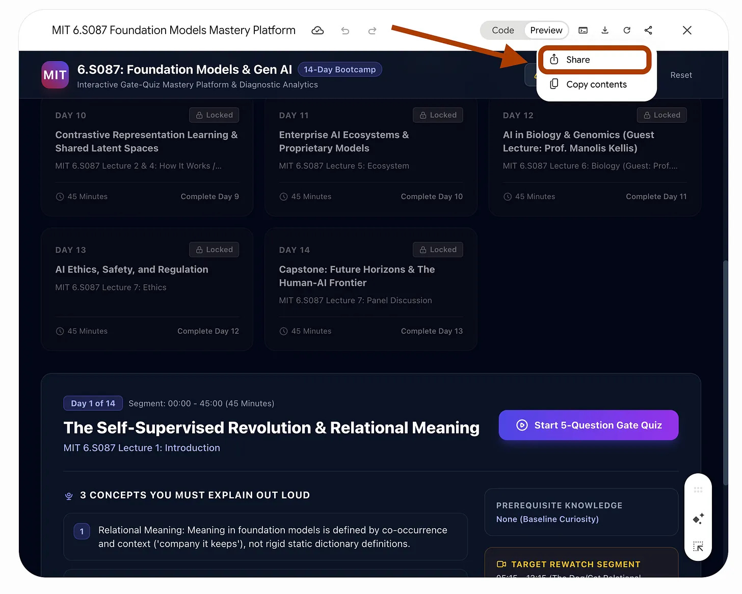 Study plan app built in Gemini Notebook showing locked daily sessions and the share menu
