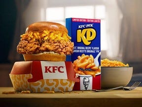 KFC chicken sandwich and chicken wrapper, both with KD, and box of KD KFC Original Recipe Flavour Mac ‘n Cheese.