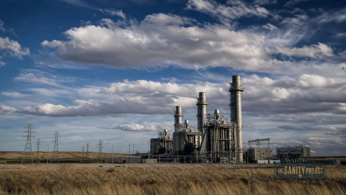 A gas-fired power plant on the prairie, part of the buildout behind AI data centres Alberta approved through a federal memorandum of understanding.